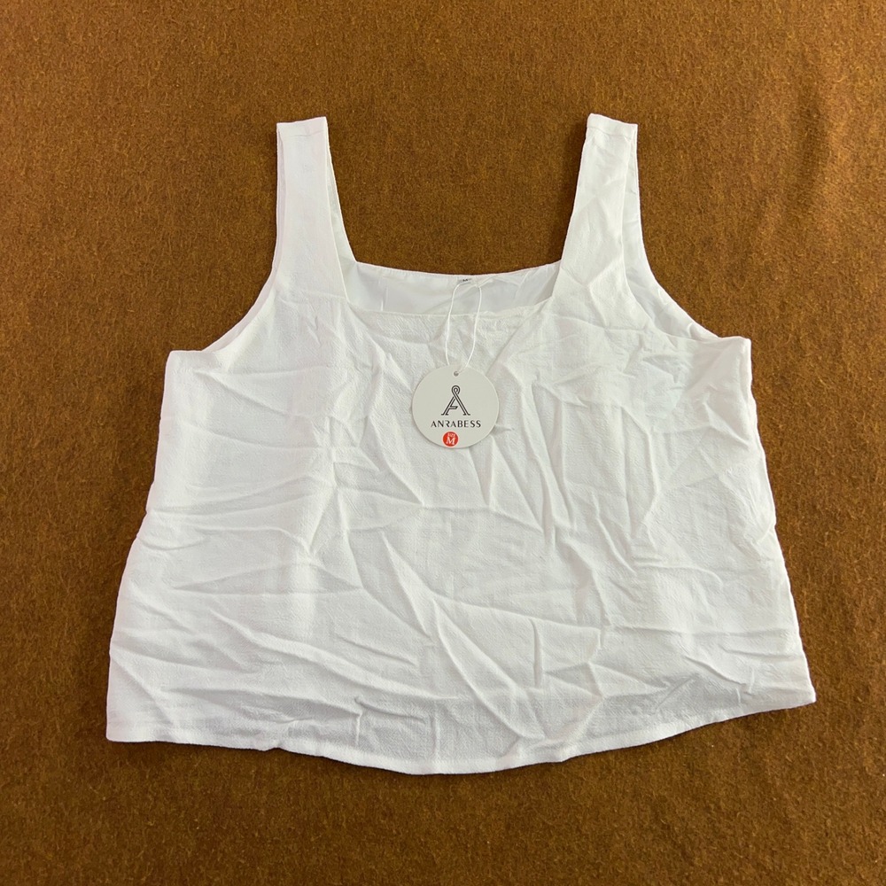 Anrabess Women Medium White Rayon Linen Square Neck Tank Top NWT